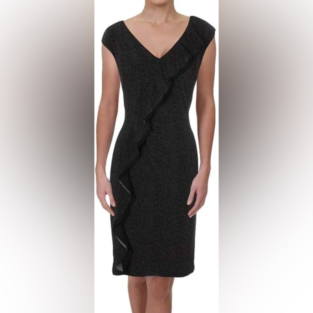Lauren Ralph Lauren LRL Dress Size 16 Gray Black Ruffle-Trim Jersey V-neck
